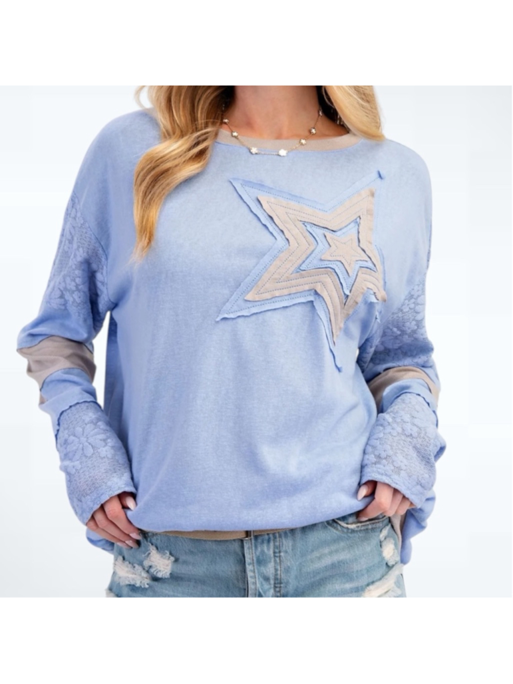 Easel Star Patch Mix Match Cotton Slub Knit Pullover in Light Blue Size S